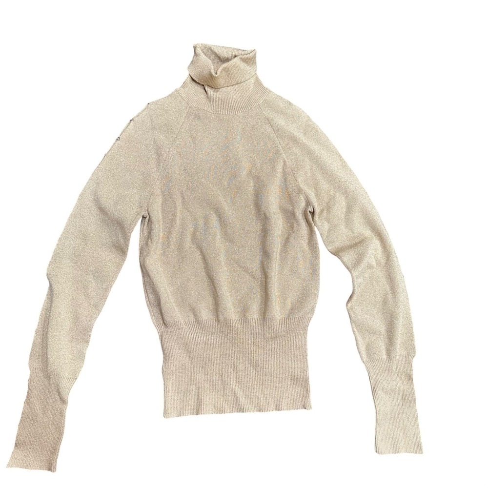 Cache Gold Silk Blend Metallic Turtleneck Sweater Ribbed Waistband Sz M